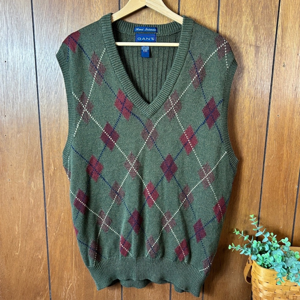 Vintage GANT Hand Intarsia Argyle‎ V Neck Sweater Vest Olive Green Academia